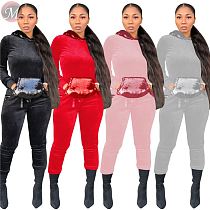 9100921 high quality fashion suede splice sequin pocket two piece pants suit set women clothing