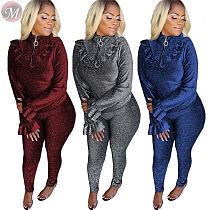 9100908 hot onsale stretch silver silk fabric zipper Outfits Pant Women Two Piece Set 2019