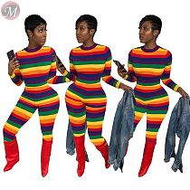 9100905 casual digital print long sleeve rainbow stripe Bodycon Women 2019 Jumpsuit Mujer