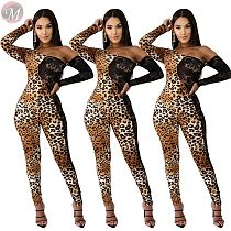 9101231 fall hot selling lace patchwork print one shoulder Leopard Mujer Bodycon Jumpsuit