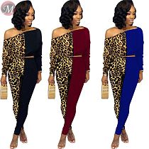9101731 2019 fashion sloping shoulder leopard patchwork Pant Clothing Women Two Piece Sets