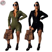 9101726 latest design long sleeve buttons up washed ripped Women Rompers Jumpsuit Mujer