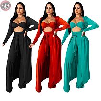 9101710 wholesale new solid vest straight pants long cardigan 3 Piece Set Women Clothing