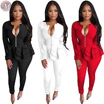 9102126 fashion casual cascading ruffle hem zip blouse women two piece pants suits set
