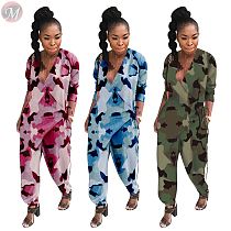 9102225 new design leisure loose camouflage bloomers Long Sleeve Women Trendy Casual jumpsuit
