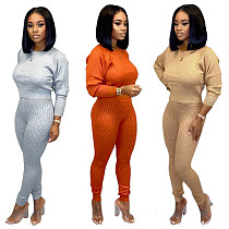 9101806 fashion solid color round neck sweater two piece pants suit set women clothing