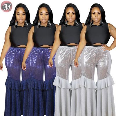 D910016 good quality ruffle splicing wide leg sequins 2019 Womens Fashion Clothing Plus Size Pants