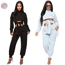 9110205 design fashion crop top front tie solid casual Outfits Clothing Women Two Piece Set 2019