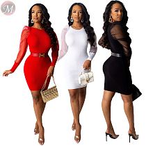 9111135 hot selling mesh sleeve round neck solid color Ladies Fashion Sexy Bodycon Hot Sale Dress