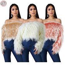 9111235 wholesale fashion solid color off shoulder woolly fur short women fashion clothing blouse