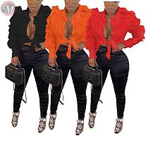 design fashion pure color agaric edge zipper sleeve Fashion Blouse Women Top