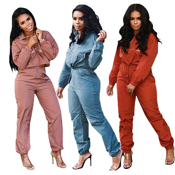 9102822 2019 fashion pure color front zip straight pants Outfits Two Piece Set Women Clothing