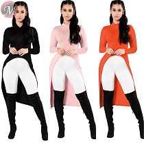 queenmoen hot selling new fashion design ladies top stand collar front slit autumn long knitted rib women blouse