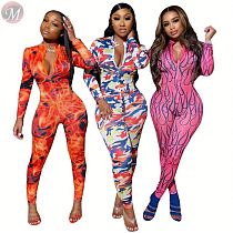 new casual net fabric printed long sleeve bodycon jumpsuits Rompers High Womens Fashion Clothing