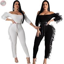 best seller off the shoulder long sleeve solid color feather Wholesale Women One Piece Jumpsuits