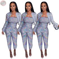 hot selling sexy night club hot Stamping short jacket and bodycon jumpsuit Winter Clothes Women Pant Sets