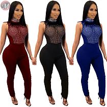 high quality mesh hot drilling feathers Women Sexy clubwear perspective Skinny sleeveless Women sexy Jumpsuit Romper