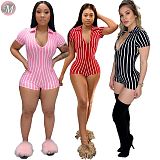 wholesale sexy deep v neck clubwear bodycon jumpsuit stripe print Zip Up short sleeve Romper Women Jumpsuit