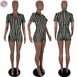 wholesale sexy deep v neck clubwear bodycon jumpsuit stripe print Zip Up short sleeve Romper Women Jumpsuit