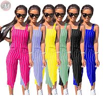 casual fashion summer jumpsuit cropped trousers stripe print sleeveless suspender pants 2020 women bodycon jumpsuit