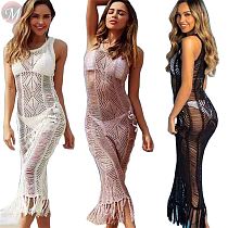 latest design Beach Cover Up Crochet Knitted Tassel Summer Swimsuit Cover Up Sexy See-through Beach Maxi Dress cover up