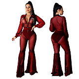 0022702 2020 Spring New Style Mesh Perspective Sexy Pendant Drill Jumpsuit Bell-Bottom Pants Romper Women Jumpsuit