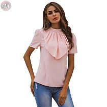 fashion casual ladies blouse short sleeves shirt solid color ruffles round neck women sexy tops