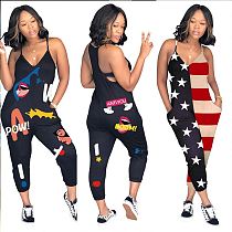 0040107 Summer Suspender Funny Flag Print Ladies Wholesale Pocket Casual V Neck Women One Piece Jumpsuits And Rompers For Woman