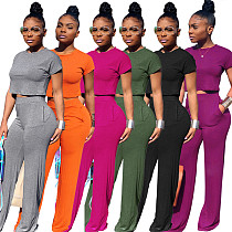 9061108 queenmoen summer casual solid color plain ladies loose pants and top woman pants suit two piece set