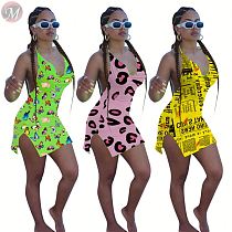 0040723 Summer Polka Dot Tie Dye Colorful Halter Fashion Ladies Bodycon Sleeveless Casual Sexy Short Floral Print Beach Dress