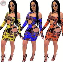 0040709 Hot Selling Wholesale New 2020 Arrivals Print Notched Clubwear Long Sleeve Women Clothes Mini Dress Sexy Casual Dresses