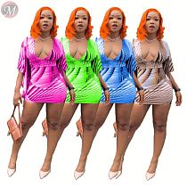 0040704 Wholesale Price Sexy Latest Fashion Color Deep V Neck Graffiti Print Short Sleeve Casual Beach Women Mini Summer Dress