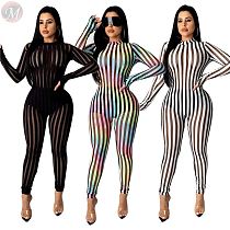 0041709 High Quality Striped Long Sleeves See Through Mesh New Casual Ladies Slimming Romper Sexy One Piece Jumpsuit For Women