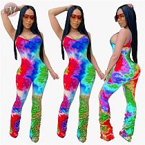0042206 Sexy Club Casual Flared Sleeveless Tie Dye Women Jumpsuit Stack Pants Womens Bodycon Spaghetti Strap One Piece Jumpsuit