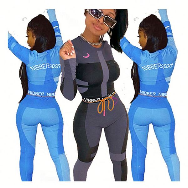 0051506 Wholesale Price New Long Sleeve Crop Top Contrast Color Womens 2 Piece Sets Sports Gym Fitness Two Piece Pants Set
