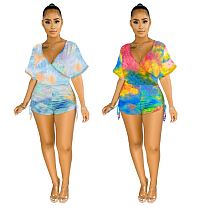 0051809 Good Quality Short Sleeve Colorful Print Romper Side Pleated Drawstring Design Woman Fashion One Piece Jumpsuit