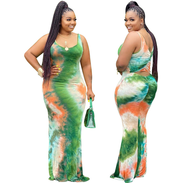 Wholesale Casual Dress Cheap Best Seller Sleeveless Gradient Color Print Maxi Dress Fat Women Plus Size Casual Summer Back Pleated Long Dress Online