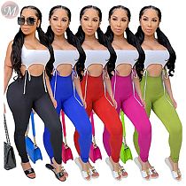 0061127 Wholesale Fashion Contrast Color Bandage Summer Jumpsuits Sleeveless Solid Hollow Out Women Custom Fitness Jumpsuit