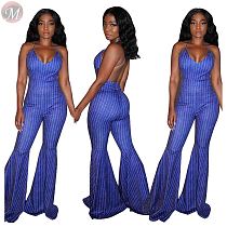 0061106 Hot Onsale Sexy Backless Striped Suspender Jumpsuit Women Full Length Flared Pant Bodycon Ladies Fashion Jumpsuit