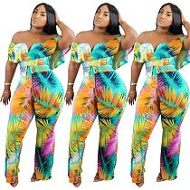 0060405 New Off The Shoulder Bohemian Floral Print Summer Sexy Jumpsuit Long Straight Pant Casual Women One Piece Jumpsuit