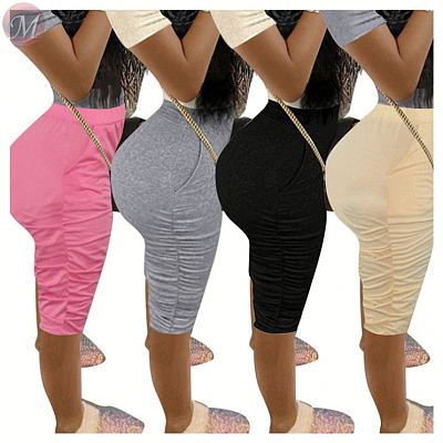 0061130 Fashion Mid Waist Casual Solid Color Pockets Pleated Ladies Pants Knee Length Legging Slim Women Bottoms Pants