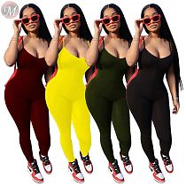 0061110 Latest Design Pure Color Suspender Round Neck Women Jumpsuit 2020 Summer Sleeveless Casual Tight One Piece Jumpsuit
