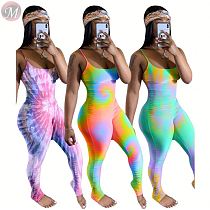 0061131 Newest Tie Dye Print Fashional Women Clothing Summer Suspender Sexy Jumpsuit 2020 Pleated One Piece Jumpsuit For Women