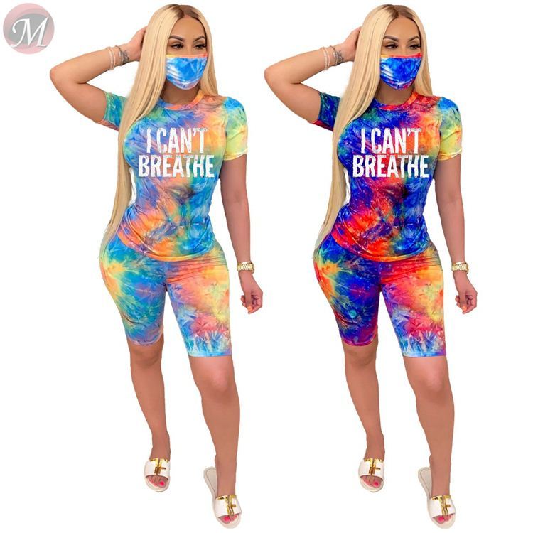 Wholesale Casual Dress Cheap Stylish Colorful Tie Dye Print Round Neckline Short Sleeve 2 Piece Short Set Women Casual Sports Letter Two Piece Online