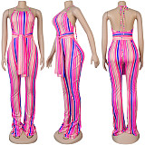 0070315 Wholesale price colorful striped print halter bandage ladies sexy Flared jumpsuit Women One Piece Jumpsuits And Rompers