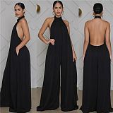 0070308 Fashion casual solid color halter backless sexy mesh loose plus szie Women One Piece Jumpsuits And Rompers