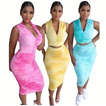 2020 Summer fashion zipper draped tie-dye sexy 2 Pcs Dress Outfits Skirt And Top Two Piece Set Women Clothing For Women