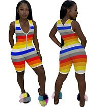 Hot onsale summer casual sleeveless rainbow stripe bodycon Ladies Jump Suit Women One Piece Short Jumpsuits And Rompers