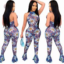 Newest Summer Mesh Backless Tights Flare Printed Jump Suit  Bodycon Sexy Women One Piece Jumpsuits And Rompers