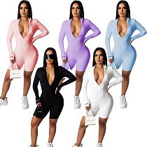 Best design sexy v neck solid color zipper long sleeve embroidery bodycon ladies women one piece jumpsuits and rompers